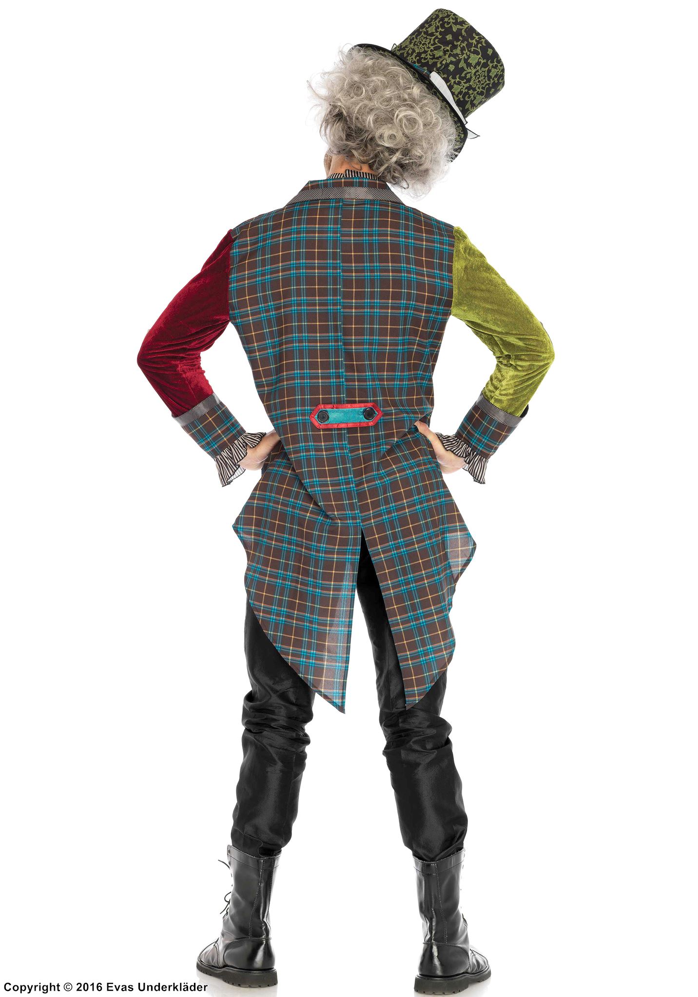 Gale Hatteren, kostymesett, stort bånd, volangkant, fløyel, skotskrutet mønster